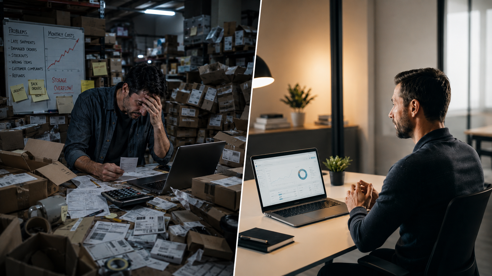 Antreprenor stresat într-un depozit propriu dezorganizat comparat cu antreprenor relaxat care urmărește logistica prin dashboard de fulfillment