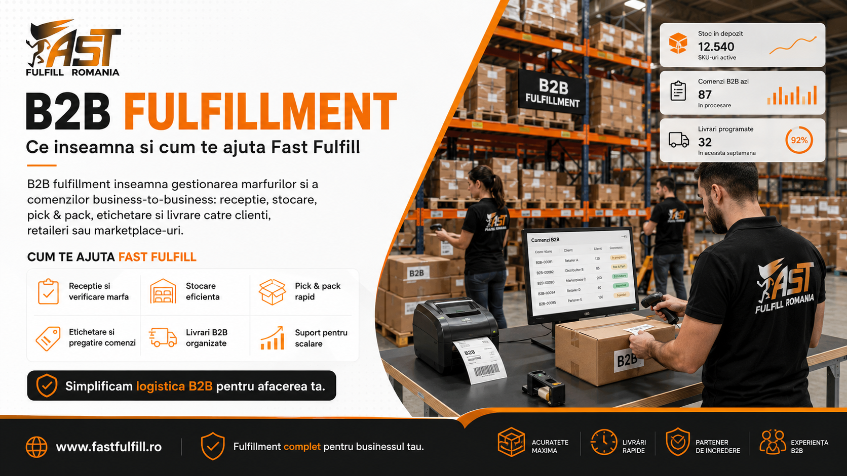 Logistică B2B și fulfillment en-gros Fast Fulfill — depozitare pe palet, pregătire comenzi în volum mare și livrare către distribuitori și marketplace-uri