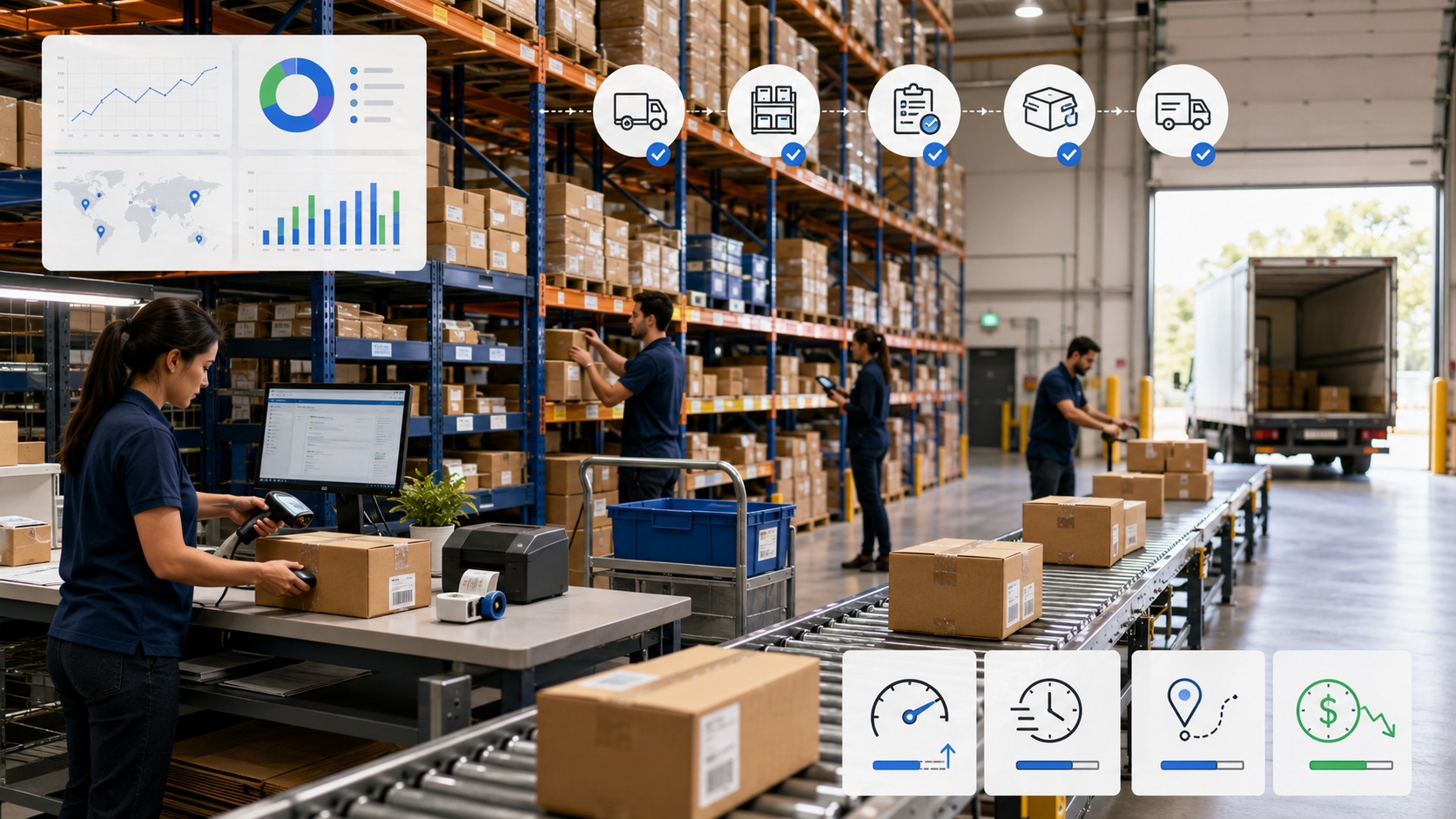 Centru de fulfillment modern cu depozit, rafturi, ambalare colete, scanare produse, procesare comenzi și predare către curier
