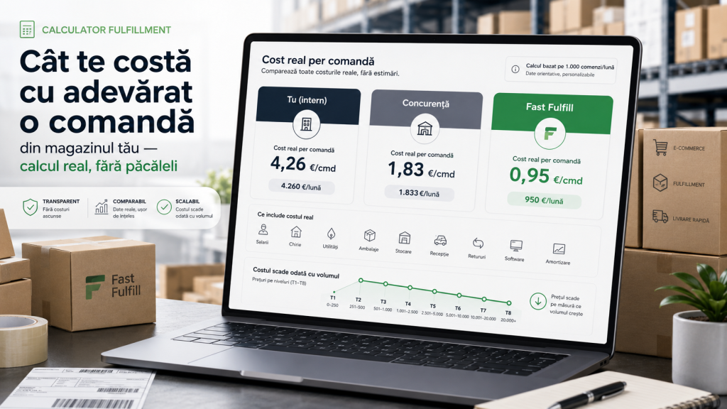 Calculator de cost fulfillment care compara costul intern, concurenta si Fast Fulfill pentru o comanda ecommerce.