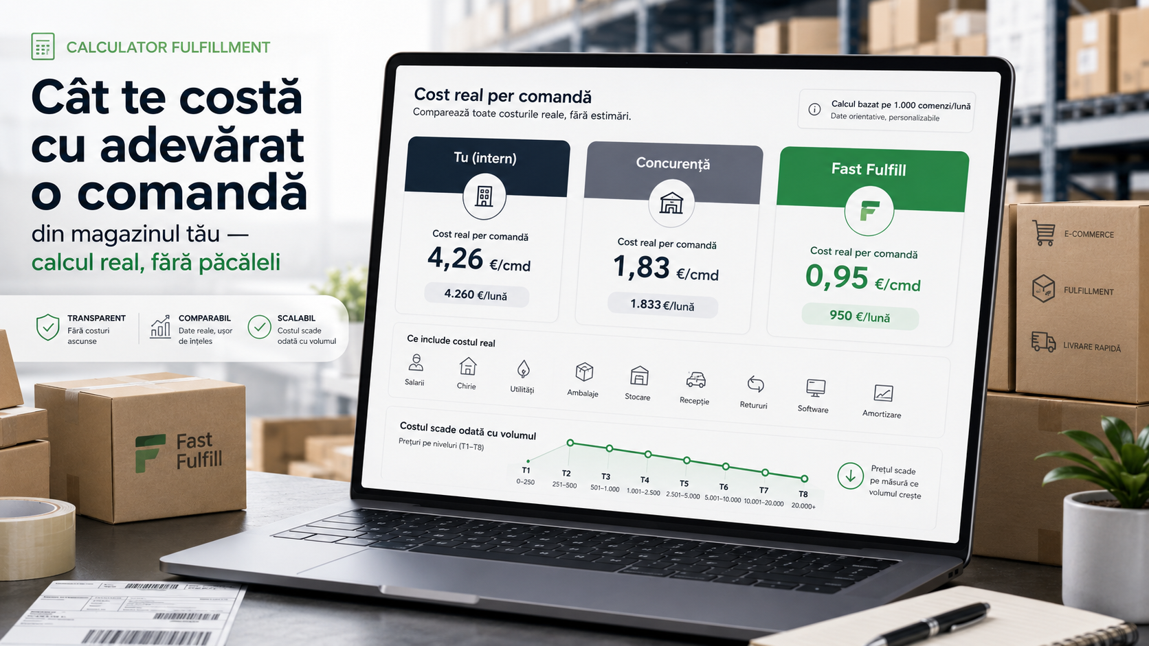 Calculator de cost fulfillment care compara costul intern, concurenta si Fast Fulfill pentru o comanda ecommerce.