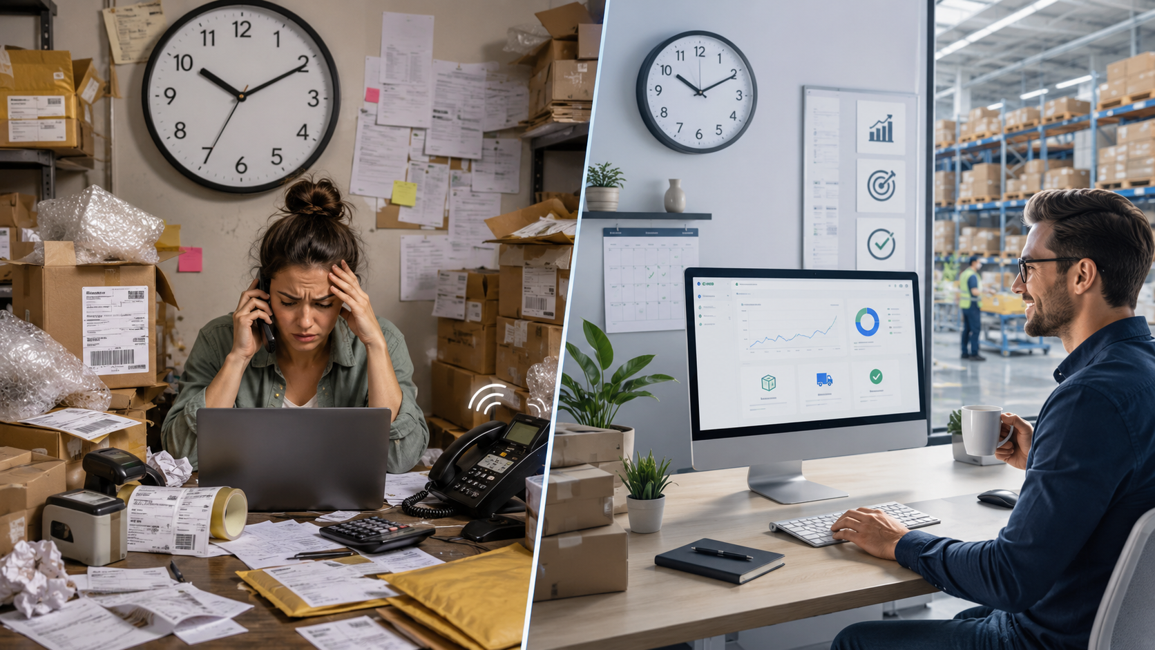 Antreprenor ecommerce stresat de colete și AWB-uri comparat cu antreprenor relaxat care urmărește un dashboard după externalizarea fulfillment-ului